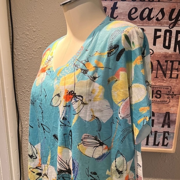 large blouse cap sleeve spring floral teal pattern nwt jess and Jane top - Picture 1 of 12